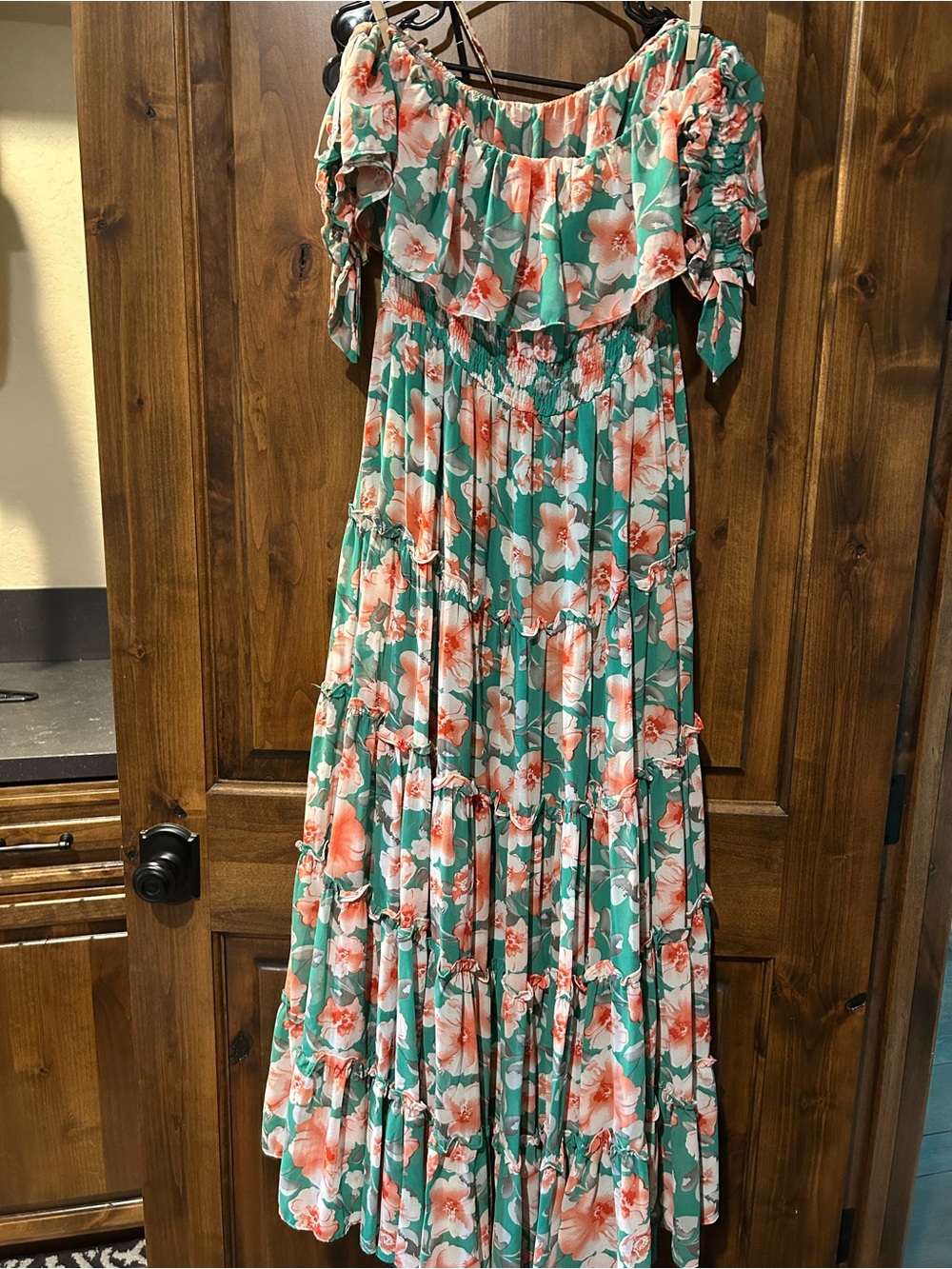 Lulu's Green Maxi Dress with Coral Floral Print